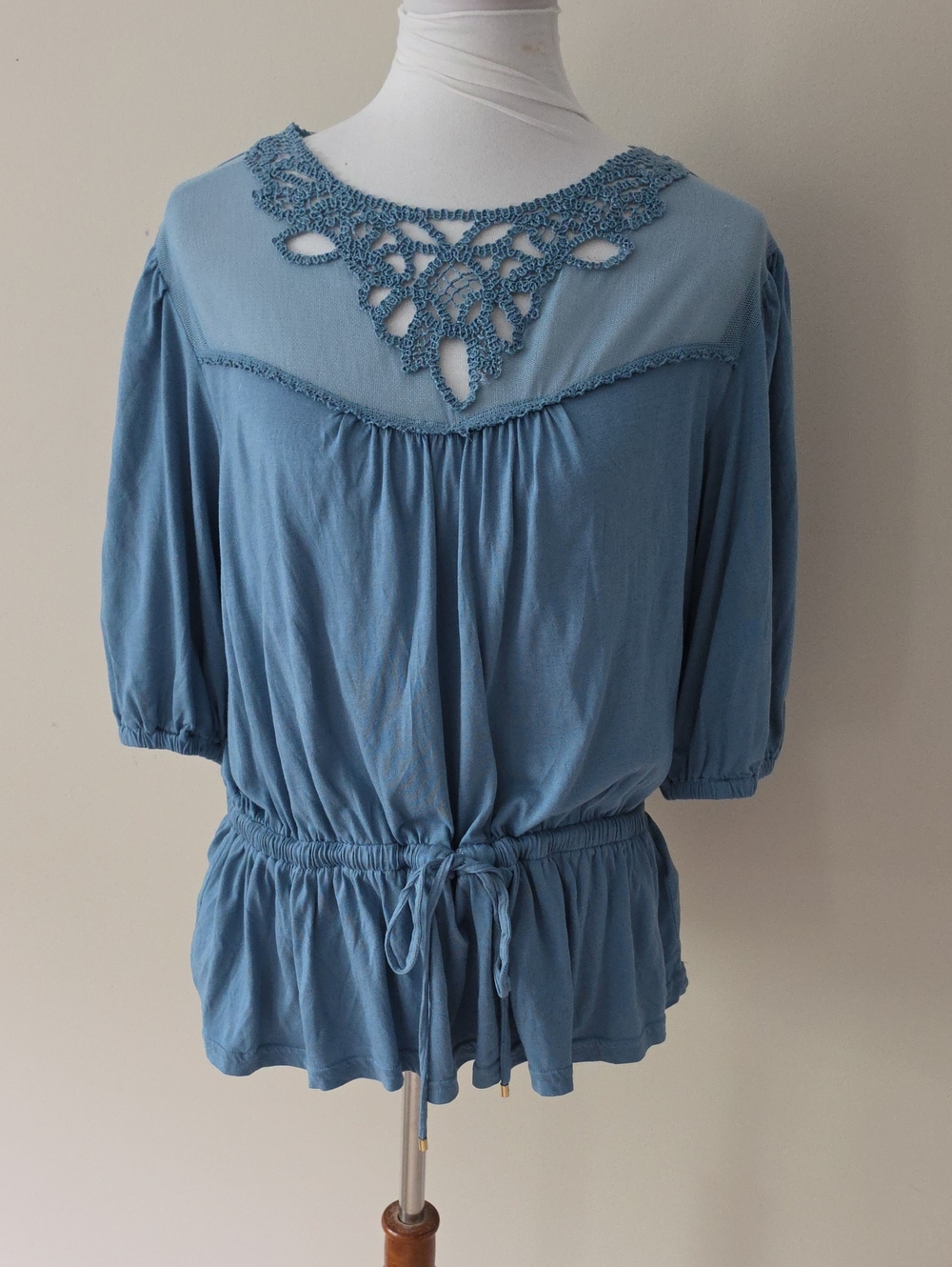 Lauren  Ralph Lauren Dusty Blue Crochet-Yoke Peasant Top with Drawstring Waist